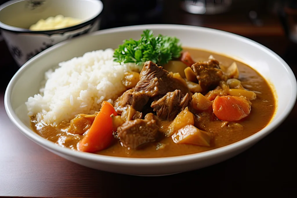 Golden Curry is a wealthy and flavorful dish featuring tender beef (or chicken, lamb, or shrimp)