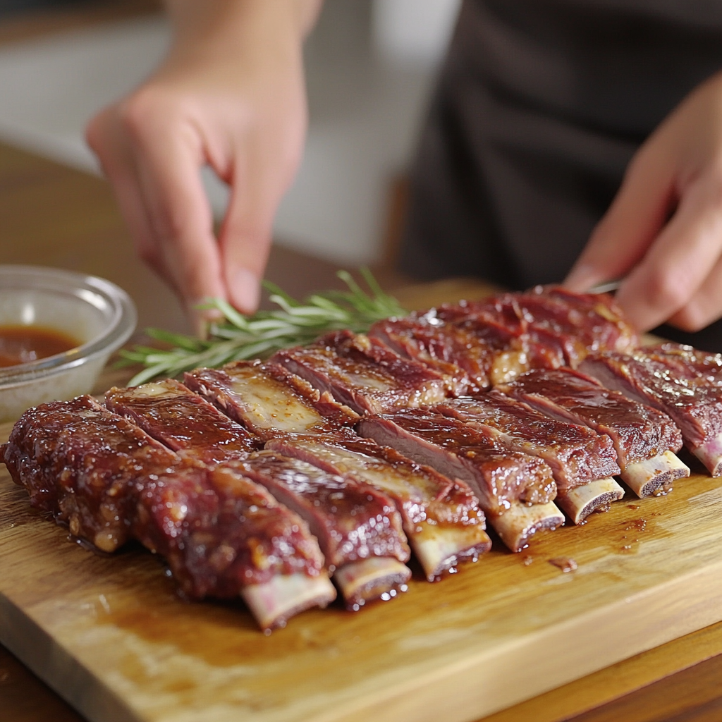 Delicious party ribs served on a rustic wooden platter, glazed with BBQ sauce, garnished with fresh parsley, and accompanied by a small bowl of dipping sauce.
