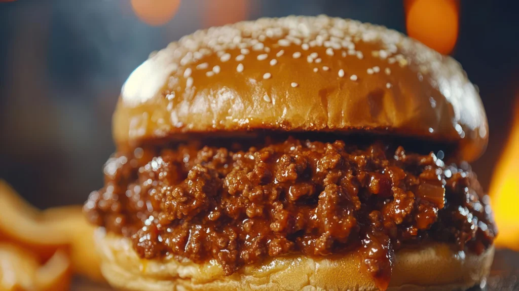 A delicious 3-ingredient Sloppy Joe sandwich served on a toasted hamburger bun, filled with savory ground beef in tangy sauce, and garnished with pickles on the side.