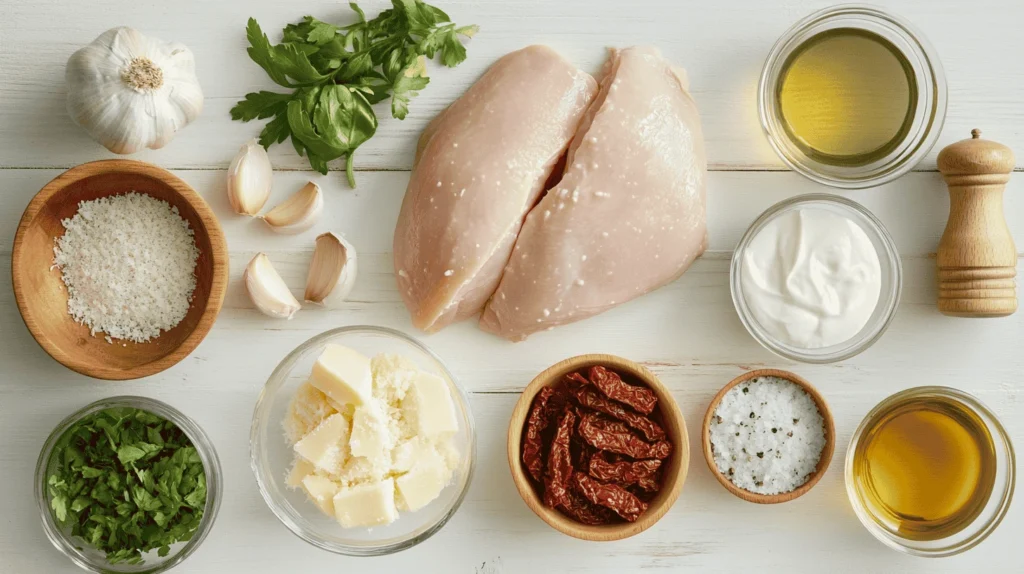 A bowl of creamy Marry Me Chicken Soup garnished with fresh basil and served with crusty bread on a rustic wooden table