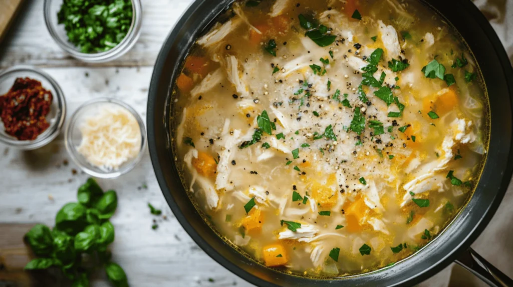 A steaming bowl of Marry Me Chicken Soup, filled with tender chicken, sun-dried tomatoes, creamy broth, and fresh herbs, served in a rustic bowl.