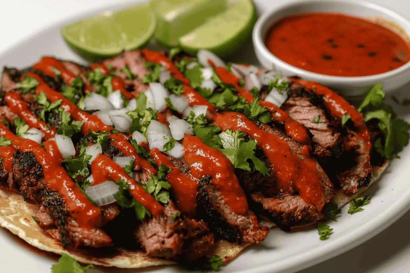 A vibrant jar of homemade Guajillo sauce with a smooth texture, surrounded by dried Guajillo chilies, garlic, and fresh herbs.