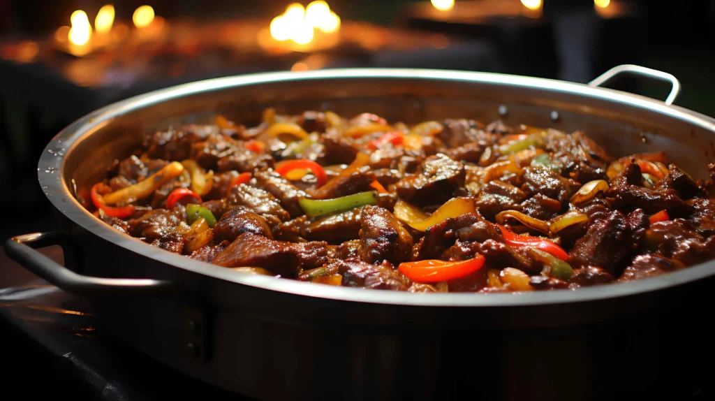 A sizzling beef discada dish with tender beef, bell peppers, onions, and tomatoes cooked on a traditional large round skillet outdoors.