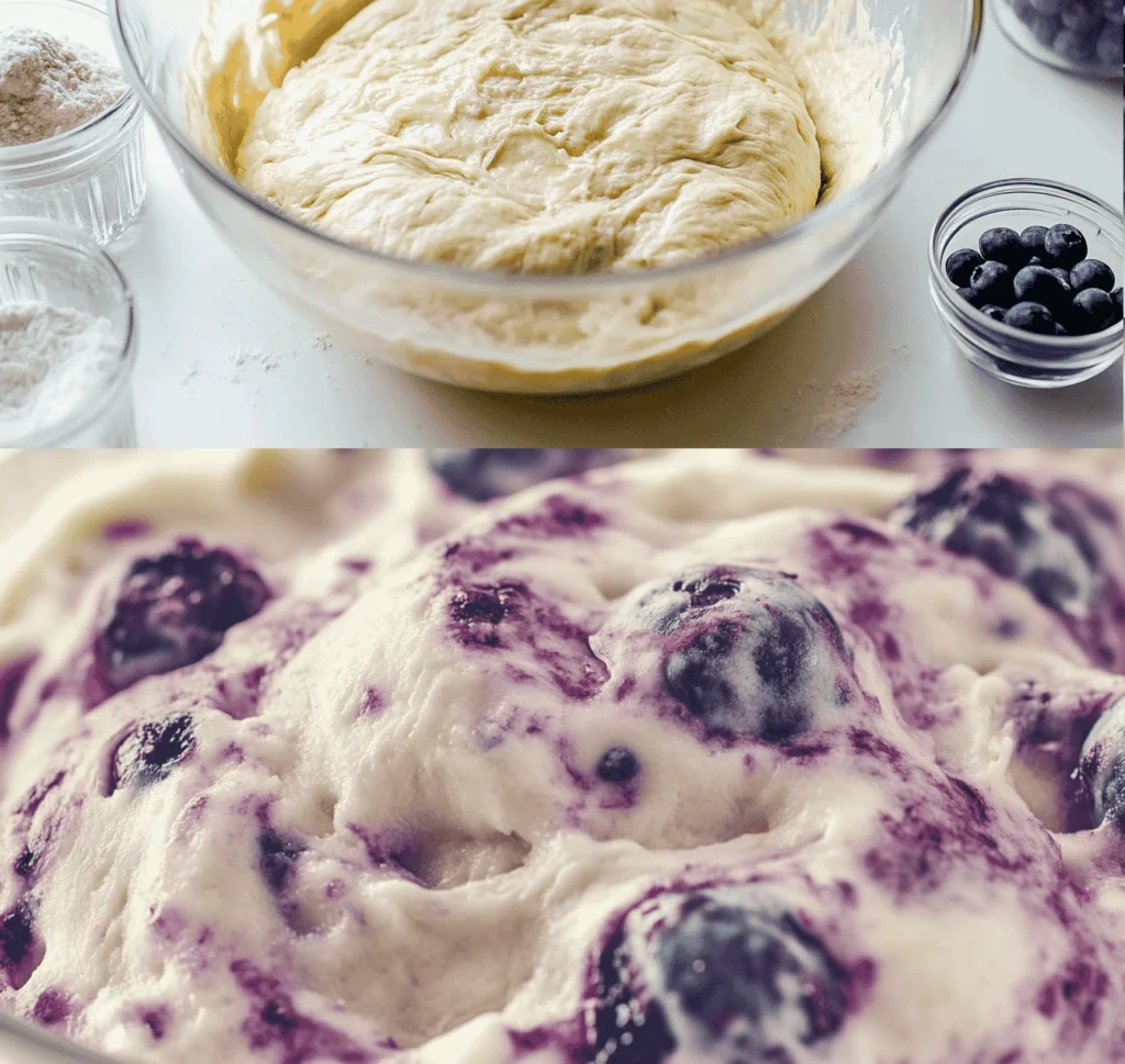 Freshly baked blueberry bagels with a golden-brown crust, faint blueberry specks, and a soft, chewy interior, served on a white plate with cream cheese and fresh blueberries