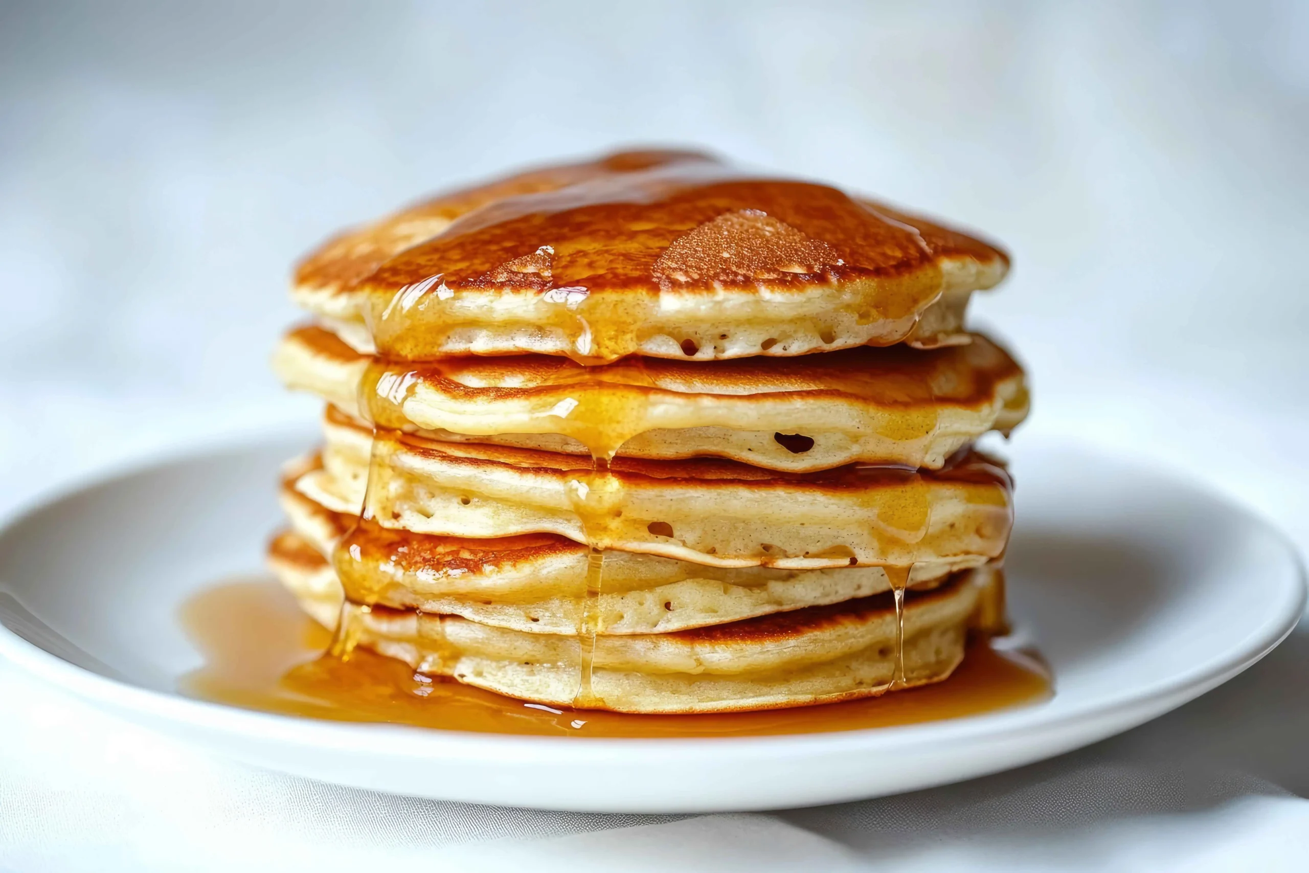 A stack of fluffy sweet cream pancakes topped with fresh berries, whipped cream, and a drizzle of maple syrup on a white plate.