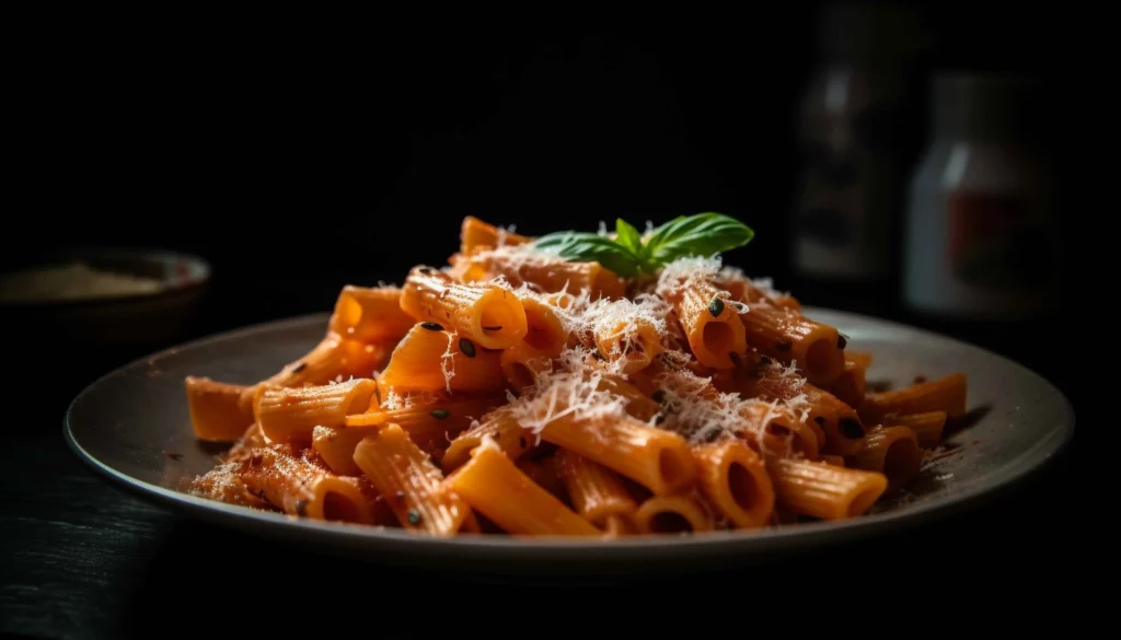 A vibrant plate of spicy pasta garnished with fresh basil and grated parmesan, served on a rustic wooden table.