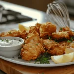 "A bowl of Long John Silver batter, creamy and smooth, surrounded by fresh fish fillets, cornstarch, flour, and seasonings on a white kitchen counter."