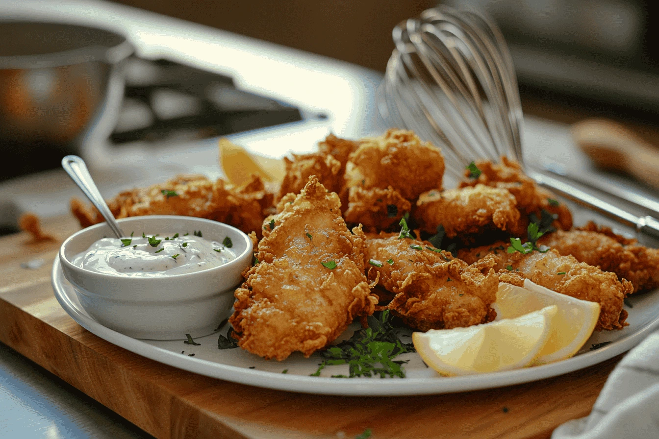 "A bowl of Long John Silver batter, creamy and smooth, surrounded by fresh fish fillets, cornstarch, flour, and seasonings on a white kitchen counter."