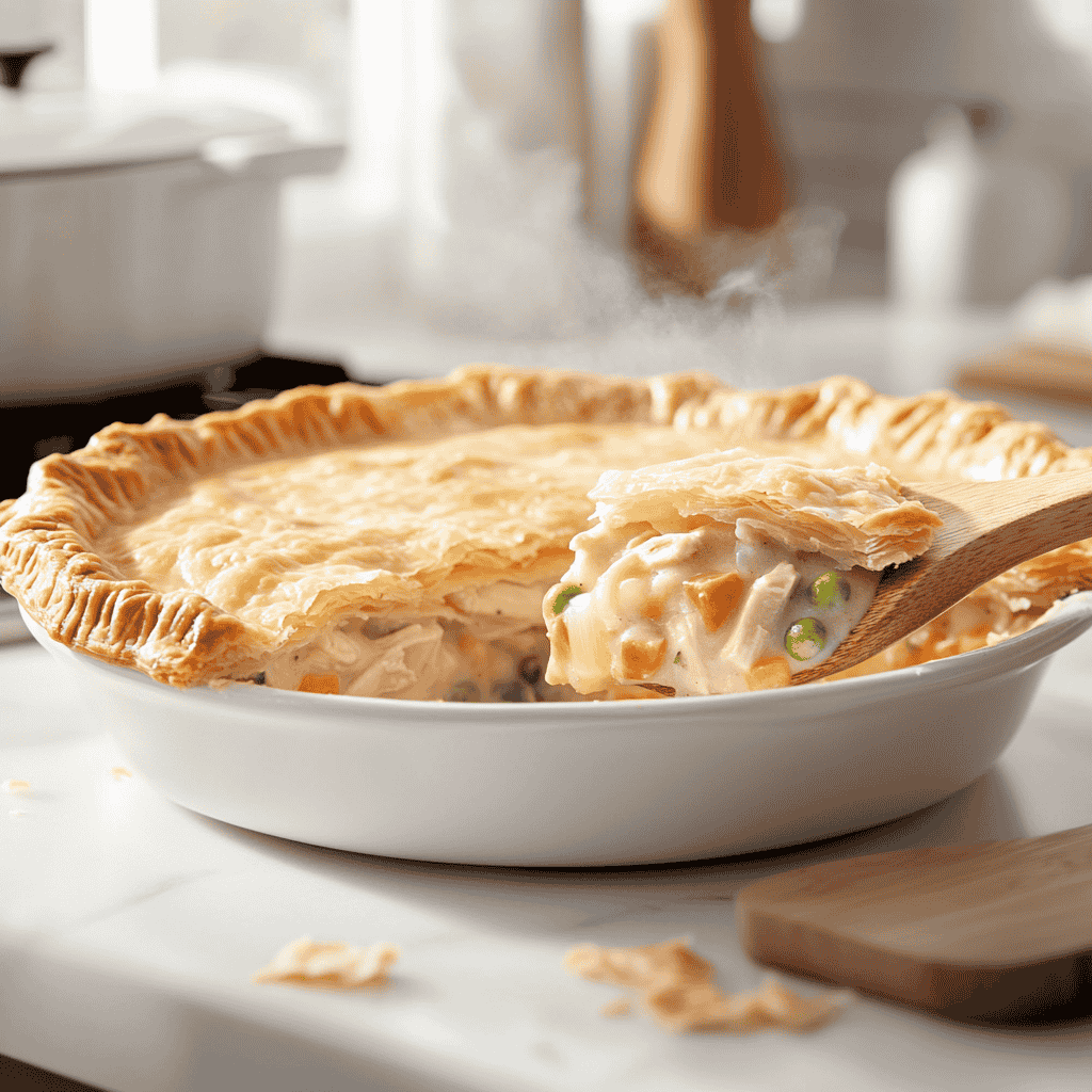Freshly baked Pillsbury Chicken Pot Pie with a golden, flaky crust and creamy chicken and vegetable filling, served in a warm, minimalist kitchen setting