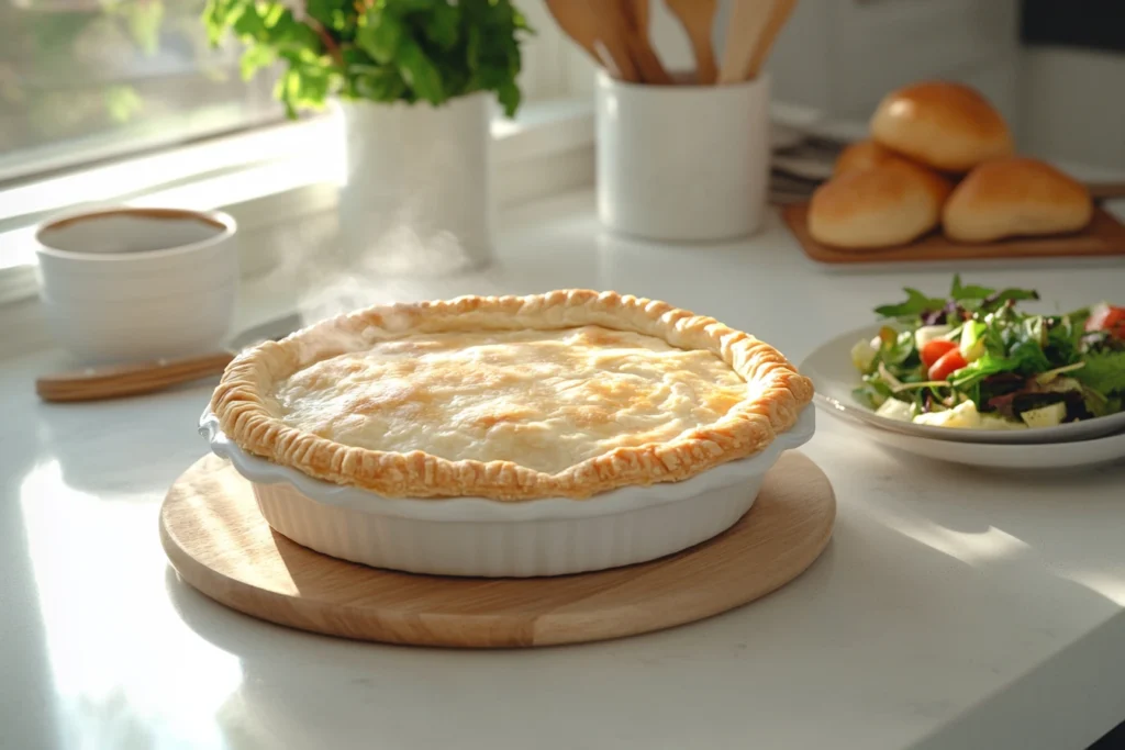 "Golden-brown chicken pot pie with a flaky crust, filled with creamy chicken and mixed vegetables, served on a white plate with a crisp green salad and dinner rolls on the side."