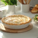 "Golden-brown chicken pot pie with a flaky crust, filled with creamy chicken and mixed vegetables, served on a white plate with a crisp green salad and dinner rolls on the side."
