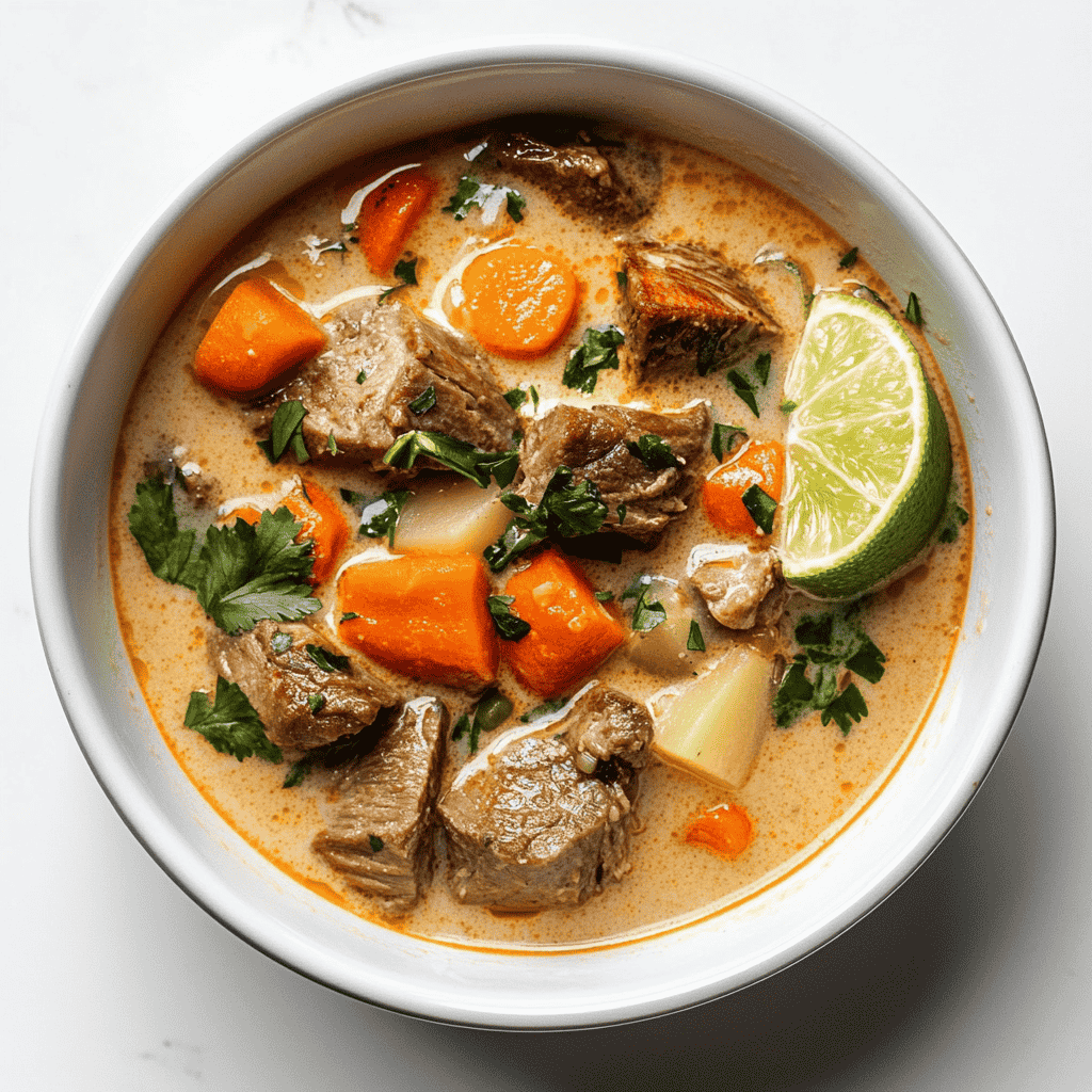 A steaming bowl of porcupine soup garnished with fresh herbs, served in a rustic ceramic bowl, with tender porcupine meat and vegetables visible