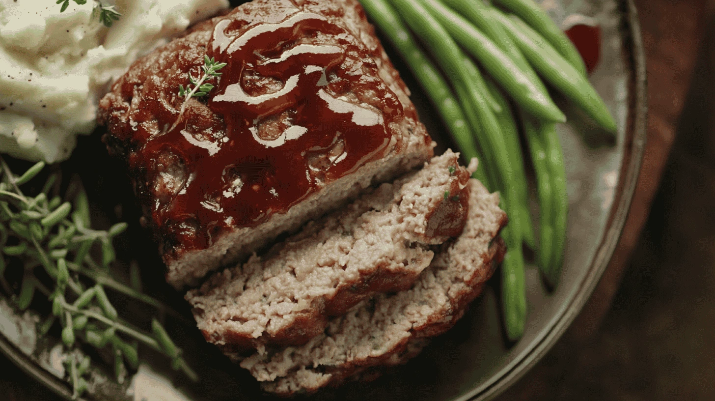 A close-up, top-down view of a homemade Lipton Onion Soup Meatloaf slice, glazed with ketchup, served with mashed potatoes and steamed green beans on a rustic ceramic plate