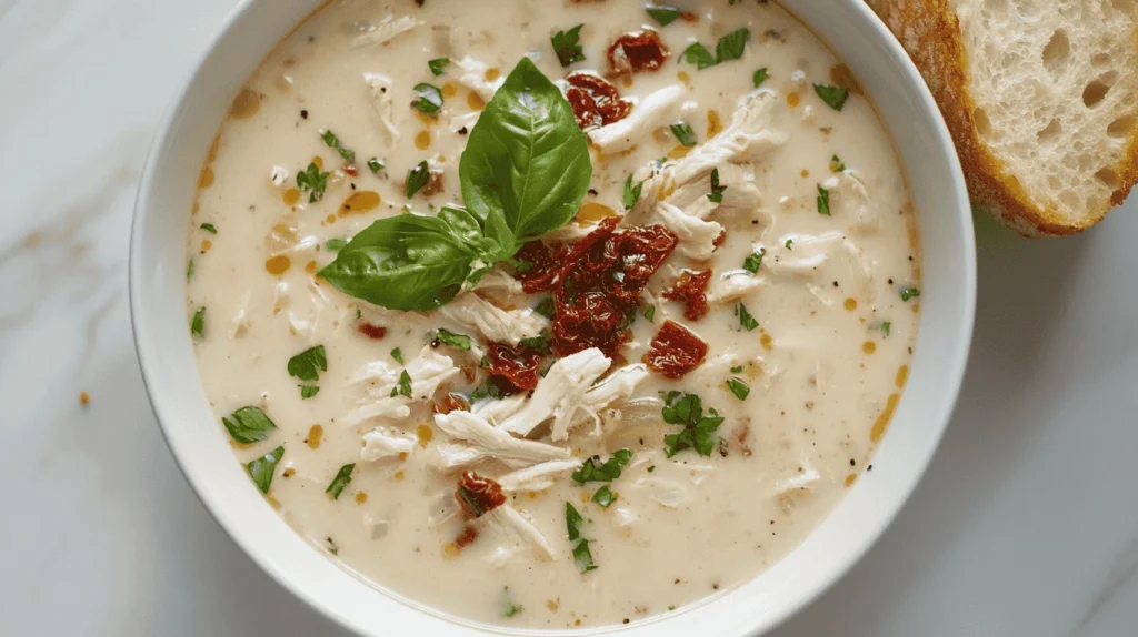 A creamy bowl of Marry Me Chicken Soup garnished with fresh herbs and served with crusty bread.