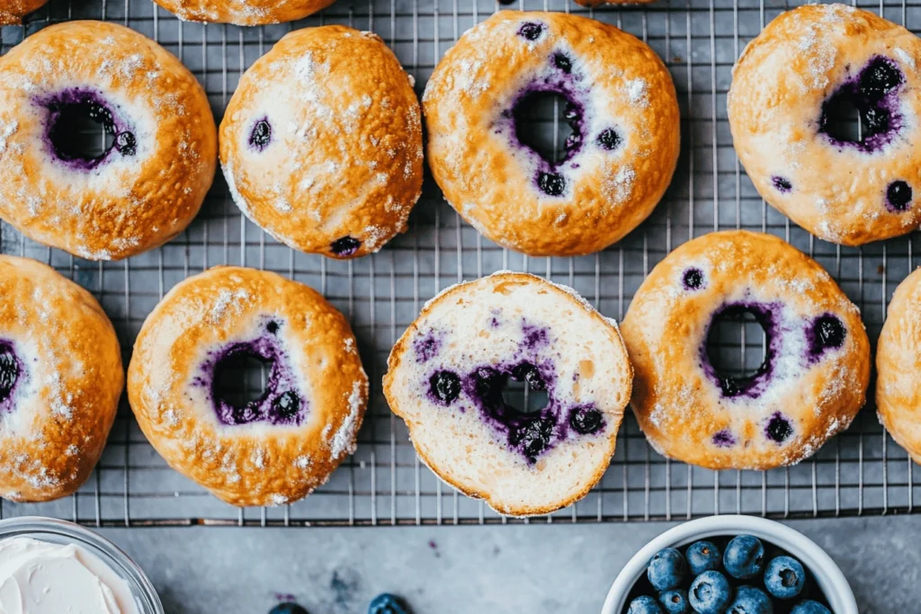 Freshly baked blueberry bagels with a golden crust, subtle blueberry specks, and a soft chewy texture, arranged on a white plate with cream cheese and fresh blueberrie