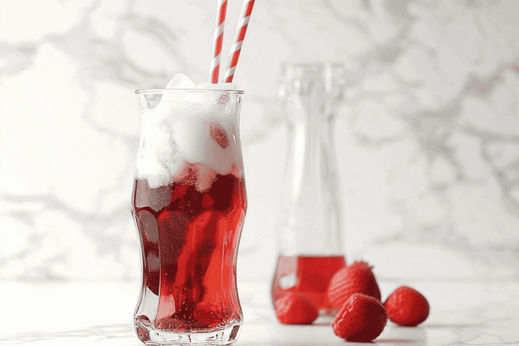 A vibrant glass of Italian soda with layers of raspberry syrup, almond simple syrup, sparkling seltzer water, and fresh raspberries on top, served over ice on a minimalist white kitchen countertop.