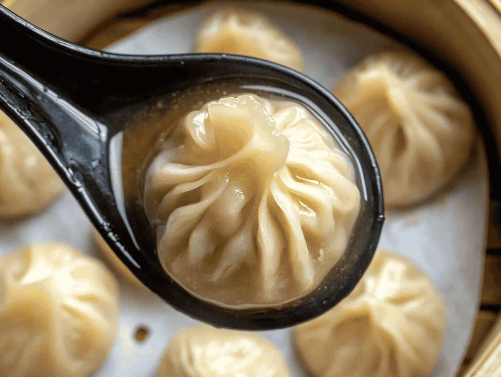 Close-up of vegan soup dumplings served in a bamboo steamer, showcasing their delicate folds and tender, translucent wrappers