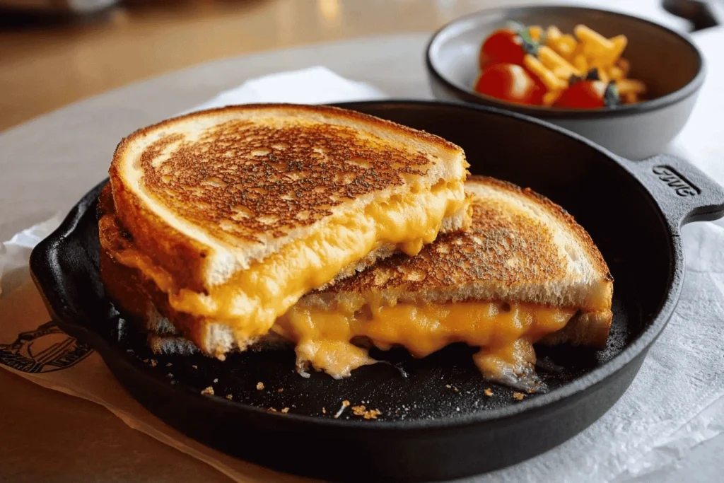 Two slices of oval-shaped sourdough bread, one evenly topped with a blend of shredded white cheddar and mozzarella cheese, and the other slice placed beside it, both fully buttered and ready for grilling on a neutral, bright background.