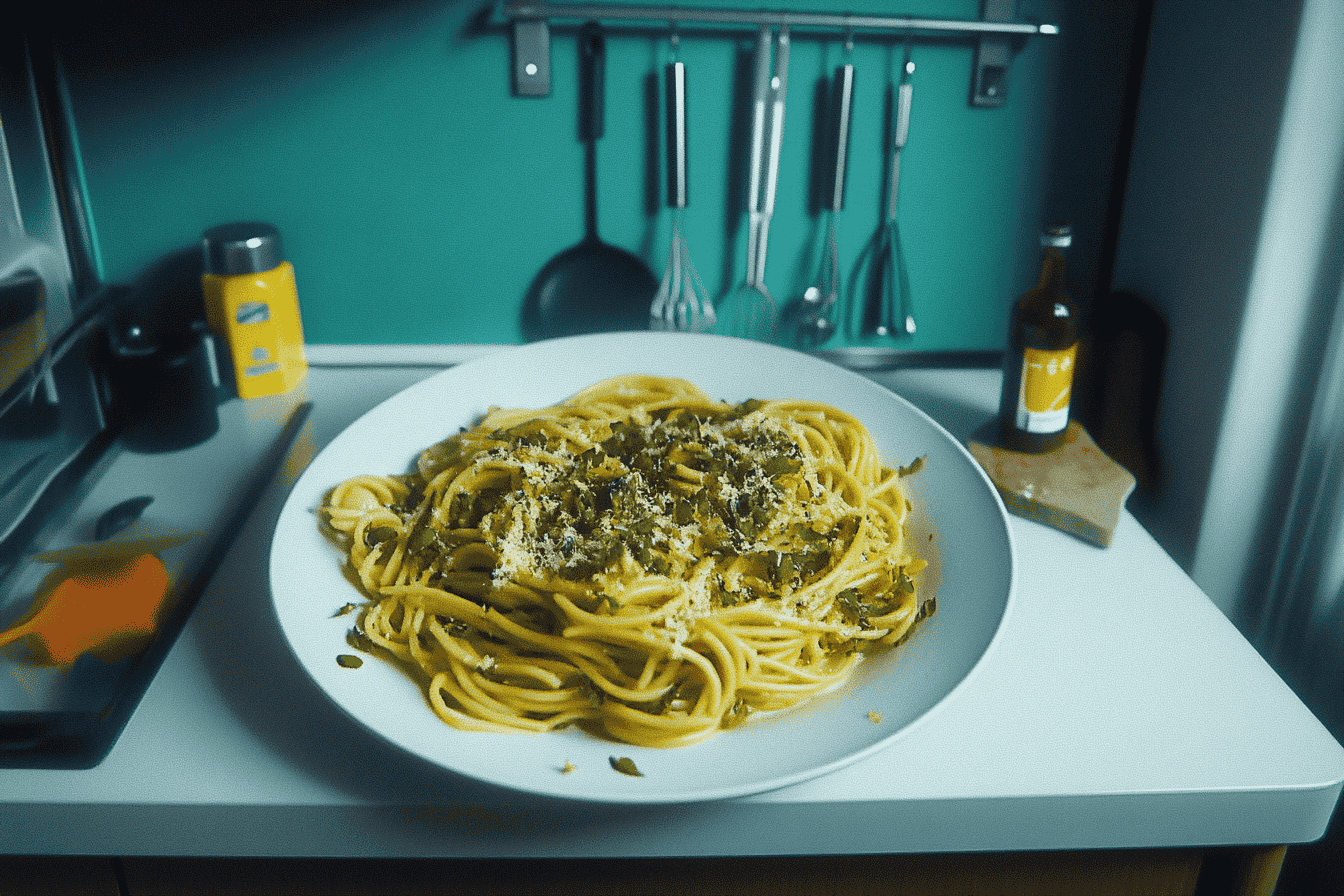 A clean, minimalist white kitchen countertop displaying fresh ingredients for green spaghetti, including spinach leaves, garlic cloves, olive oil, parmesan cheese, spaghetti noodles, cream sauce, and fresh basil leaves, elegantly arranged with soft natural lighting.